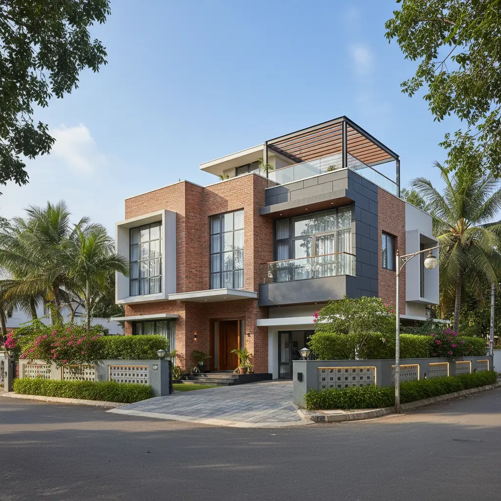 A professional photograph of a modern, completed G+2 house on a 30x40 plot in a Coimbatore locality.