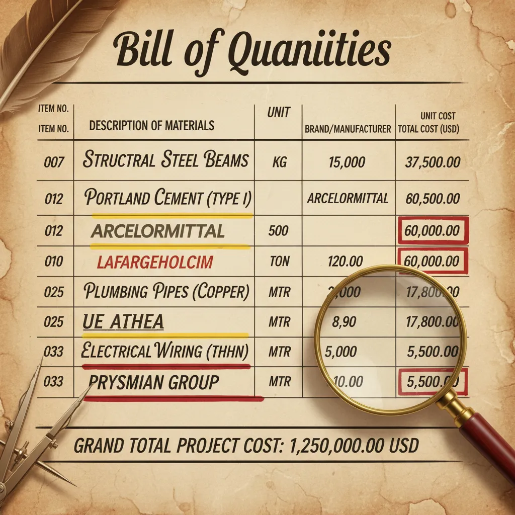 A close-up, stylized image showing a section of a detailed Bill of Quantities (BoQ) document, highlighting material brand names and costs.