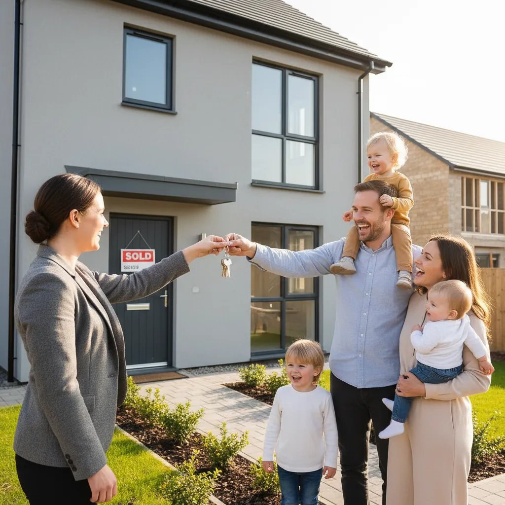 A candid shot of our project manager handing over the keys to a smiling family in front of their new home.