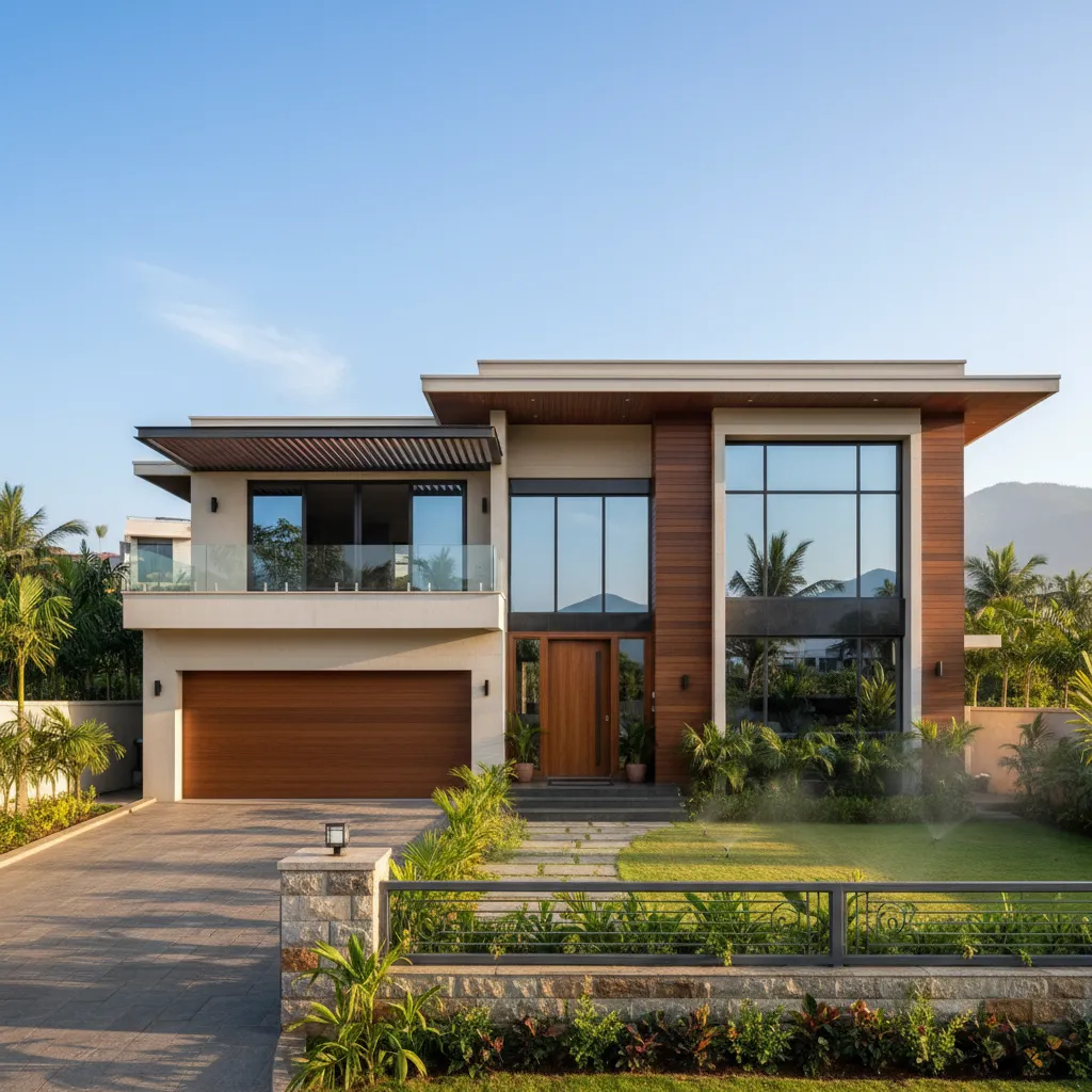 A bright, high-quality photograph of a modern, newly constructed family home in a style popular in Coimbatore.