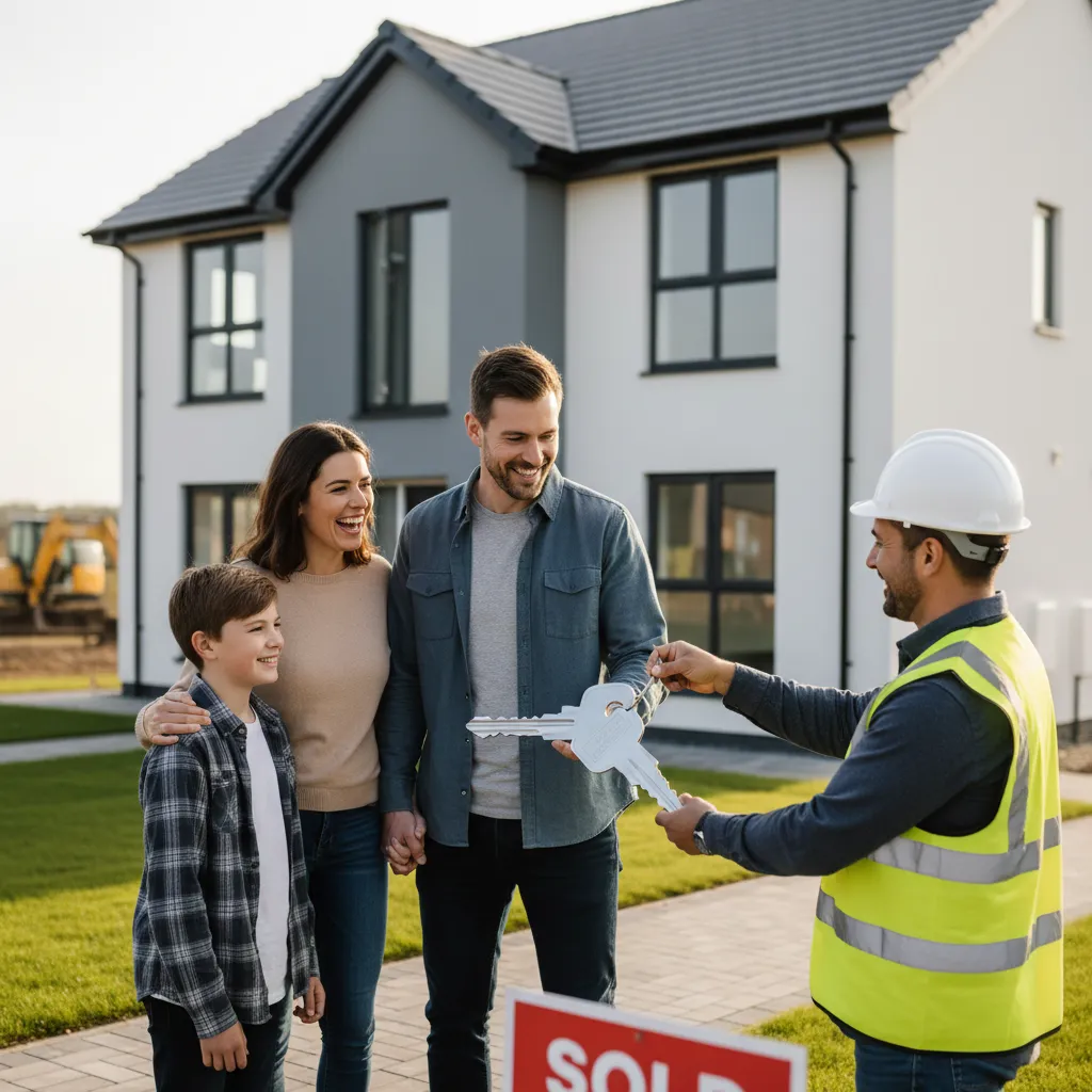 A candid shot of a smiling family receiving the keys to their new home from the project manager in front of the finished house.
