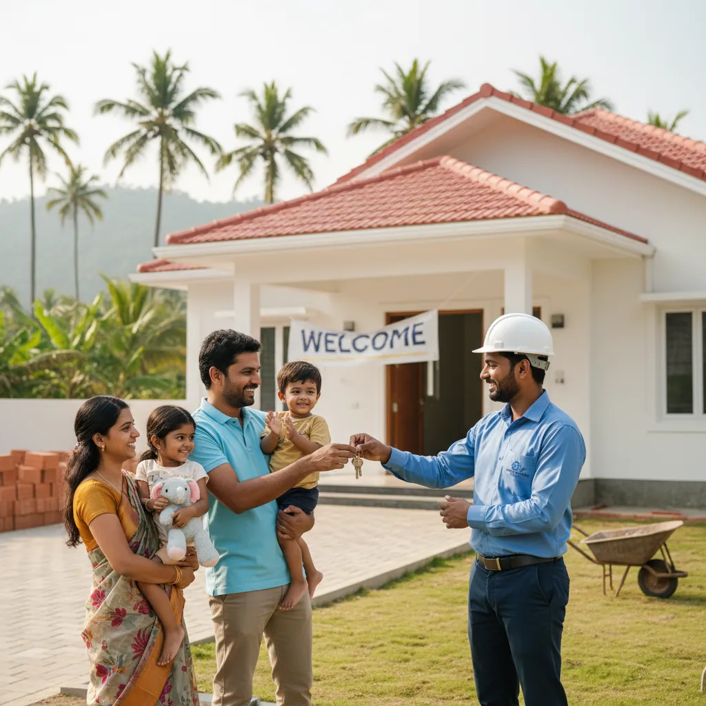 A bright, authentic photo of a family smiling and receiving the keys to their new home from our project manager in a Coimbatore setting.