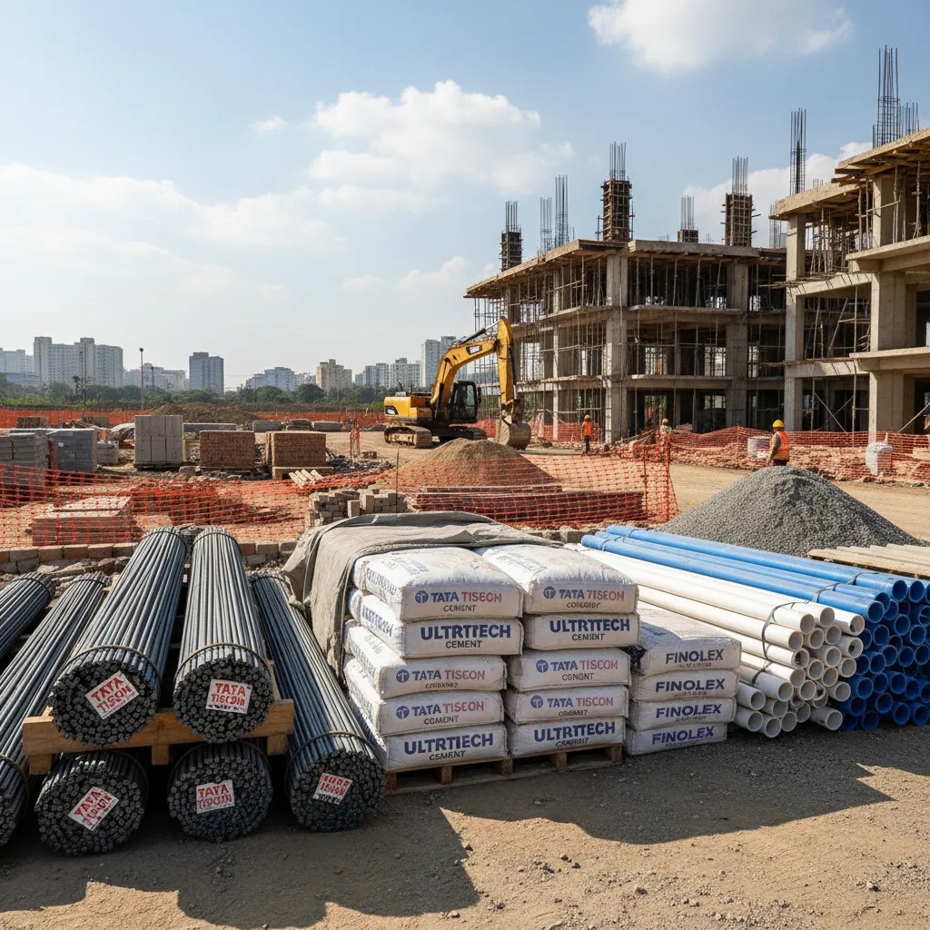An organized construction site shot showcasing stacks of clearly branded materials like TATA steel bars, Finolex pipes, or Ultratech cement bags, emphasizing quality.