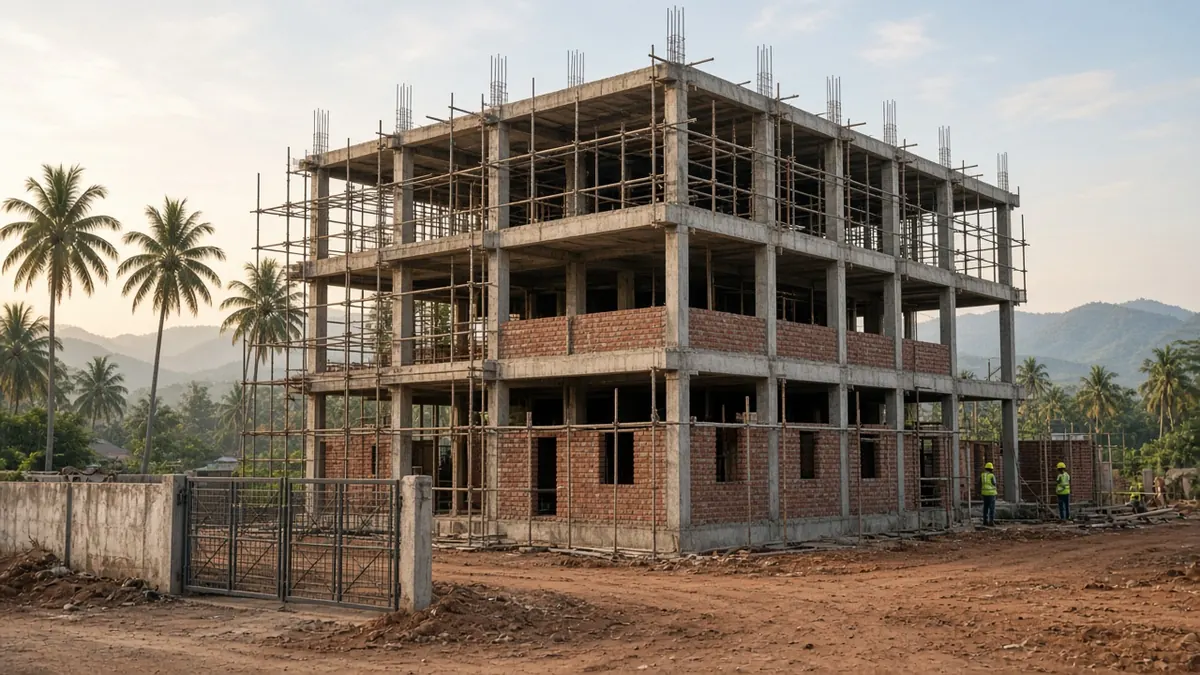 Three-storey RCC commercial building under construction in Coimbatore with scaffolding and brick infill walls