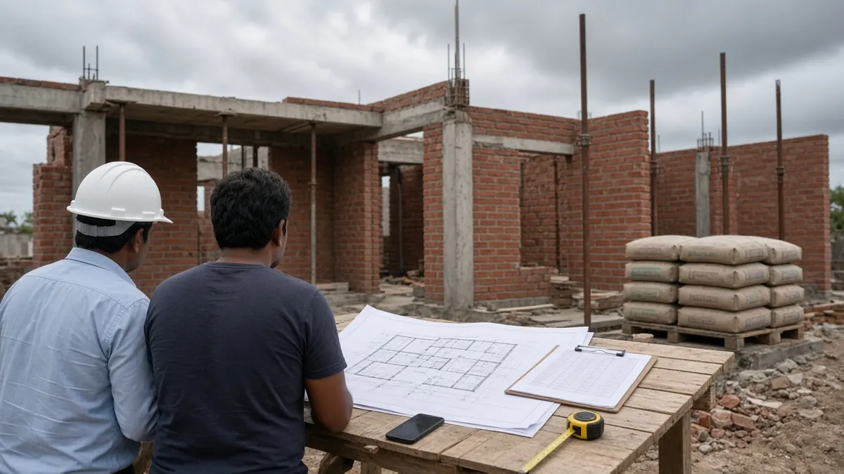 Homeowner and site engineer reviewing a printed construction schedule and drawings at a partly built house in Coimbatore, seen from behind