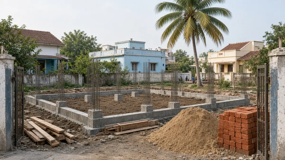Independent house in Coimbatore at plinth stage with column starter bars, plinth beam formwork and a stack of red bricks, seen from the plot entrance