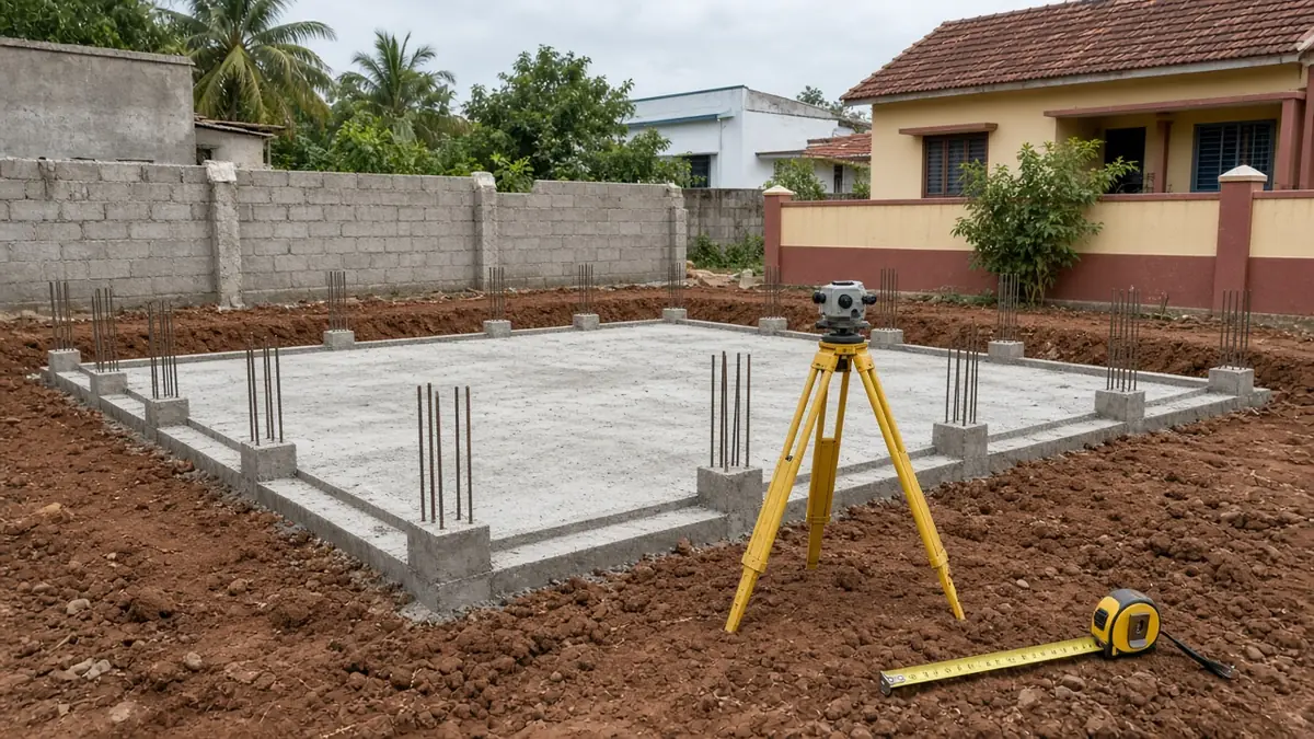 Coimbatore house plot with a newly laid foundation, a surveyor's tripod and measuring tape on the ground, and the boundary wall partly built