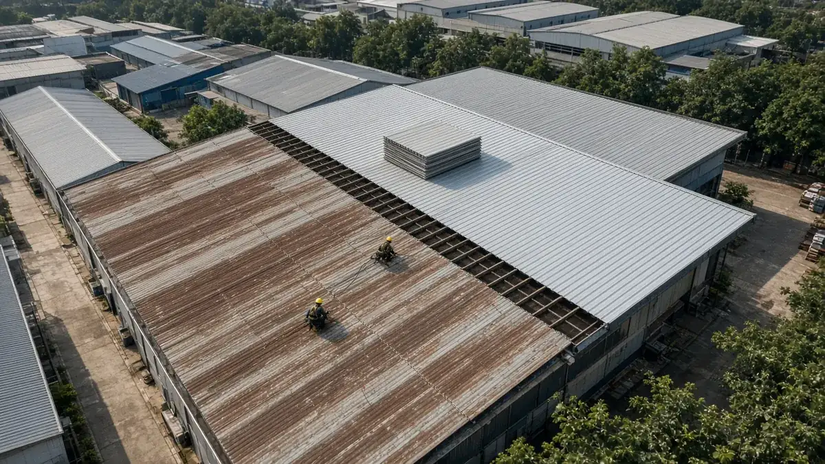Roofing crew with safety harnesses replacing old corroded metal sheets with new coated sheets on a factory shed roof in Coimbatore