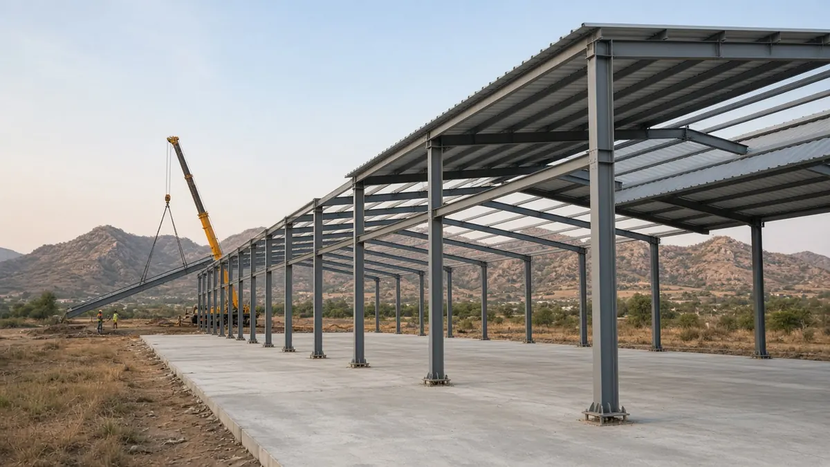 Pre-engineered steel factory building under erection on an industrial plot near Coimbatore, with steel portal frames, purlins and partly fixed roof sheets