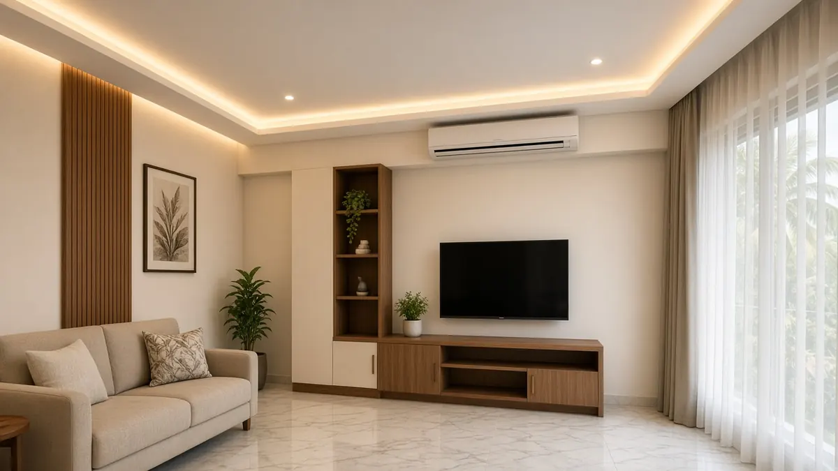 Living room in a Coimbatore apartment with a white gypsum false ceiling, recessed cove lighting, downlights and a wall-mounted AC above a sofa