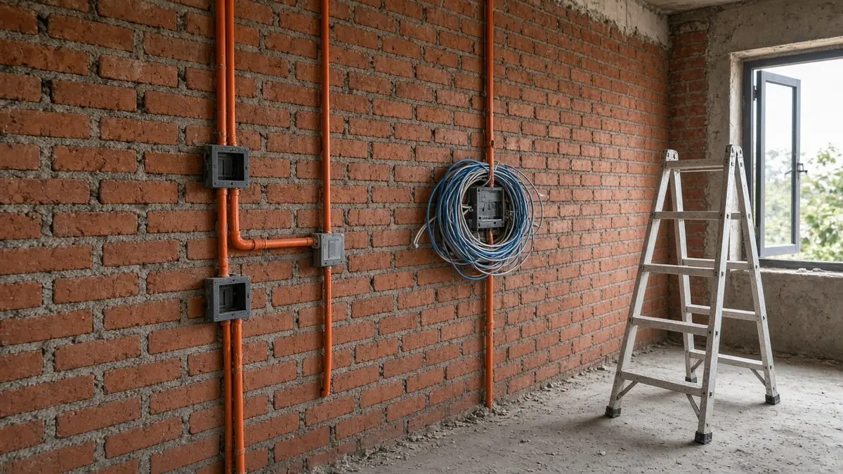 Conduits and switch boxes for home automation before plastering in a Coimbatore house