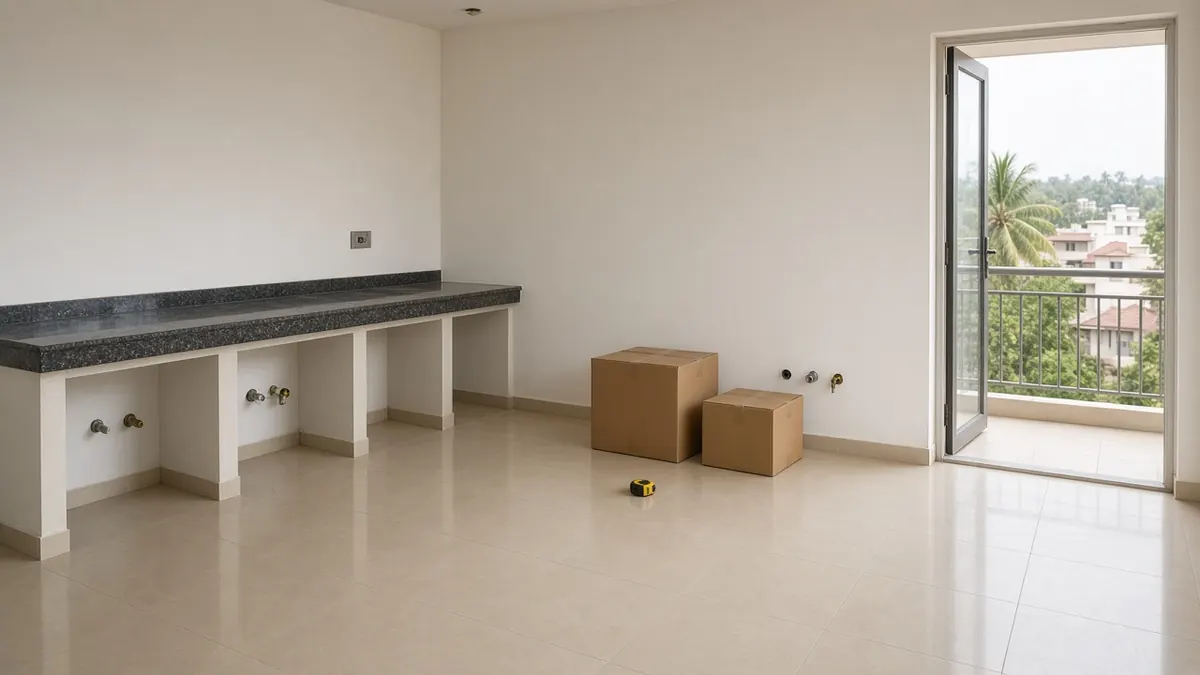Newly handed-over Coimbatore apartment living and kitchen area with bare walls, plastered ceiling, tiled floor and empty kitchen platform awaiting interiors