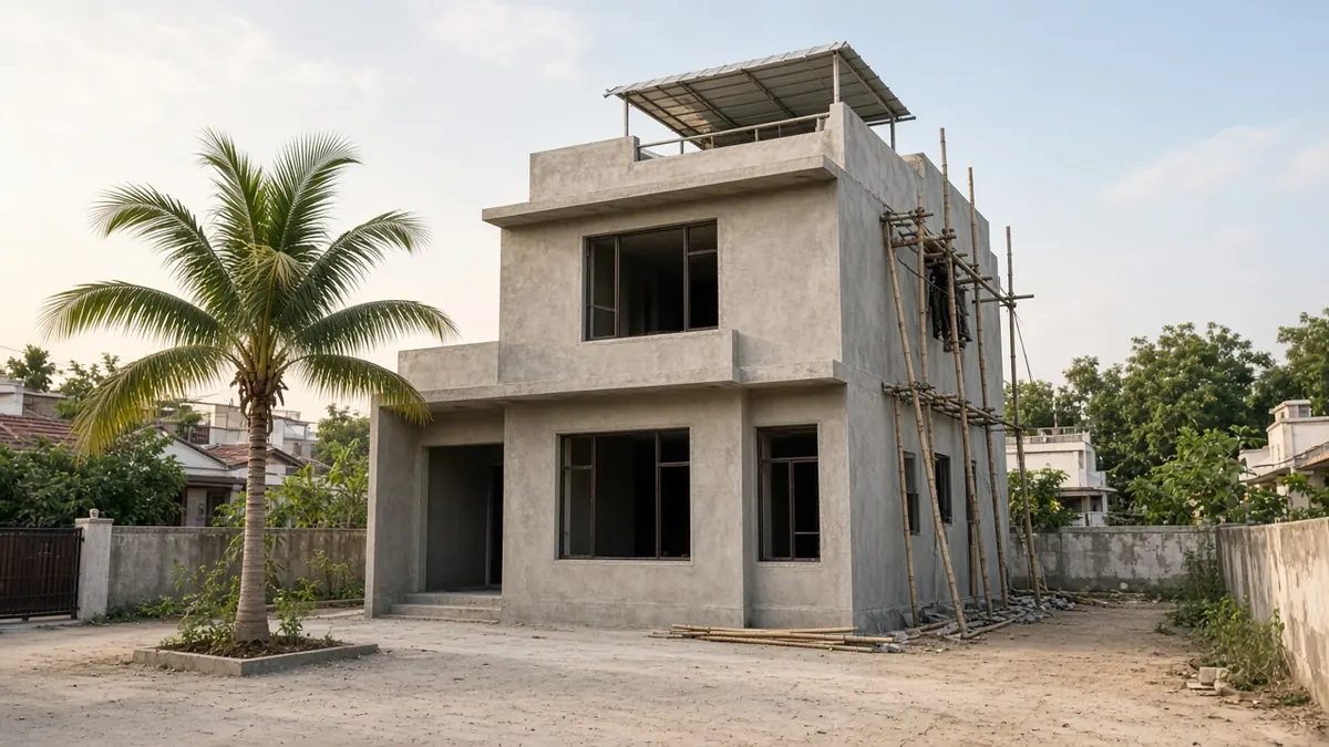 Nearly finished two-storey house in Coimbatore with fresh exterior plaster, window openings and a covered terrace, ready for painting