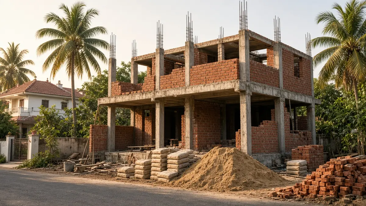Two-storey house under construction on a residential street in Coimbatore