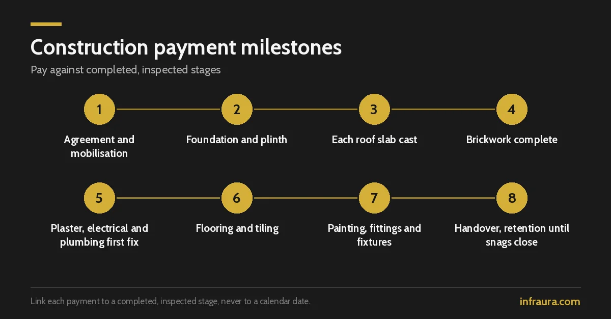 Diagram of eight house construction payment milestones from agreement to handover with retention