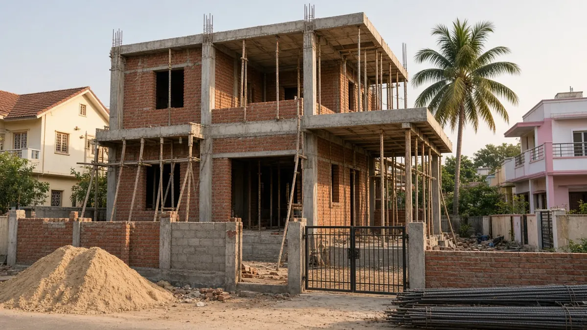 Two-storey RCC house under construction in a Coimbatore residential street with brick walls, a cast first-floor slab, bamboo scaffolding and sand and steel stacked at the gate