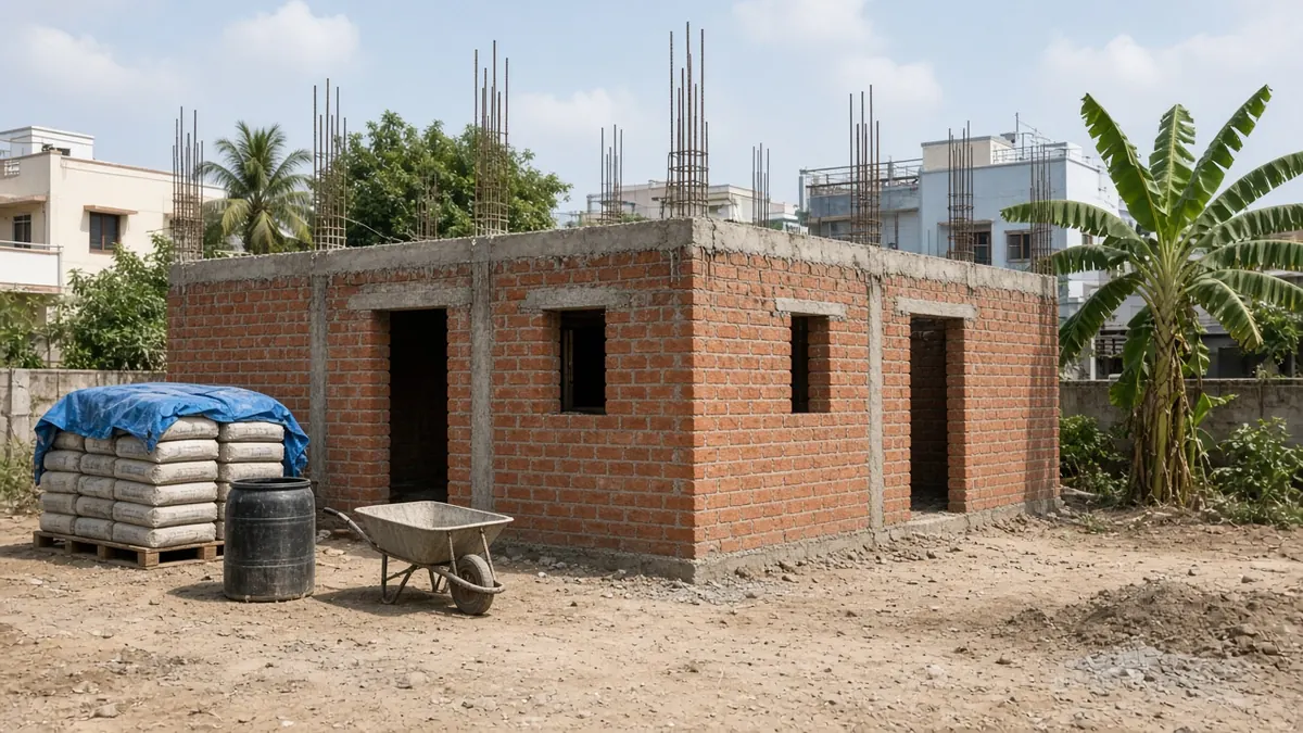 Single-storey house under construction in Coimbatore at lintel level with red brick walls, door and window openings and steel bars ready for the roof slab