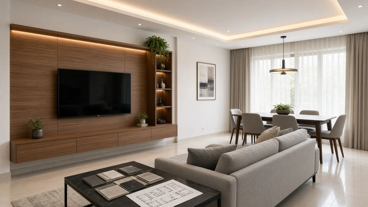 Finished living and dining interior in a Coimbatore apartment with a wood TV wall, cove ceiling and material samples on the table