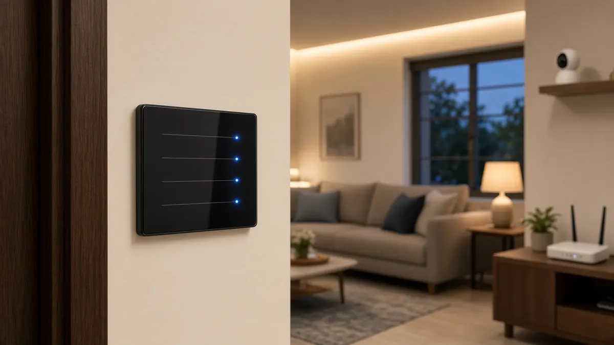 Glass touch smart switch panel beside a door in a modern Indian living room with a home camera and Wi-Fi router