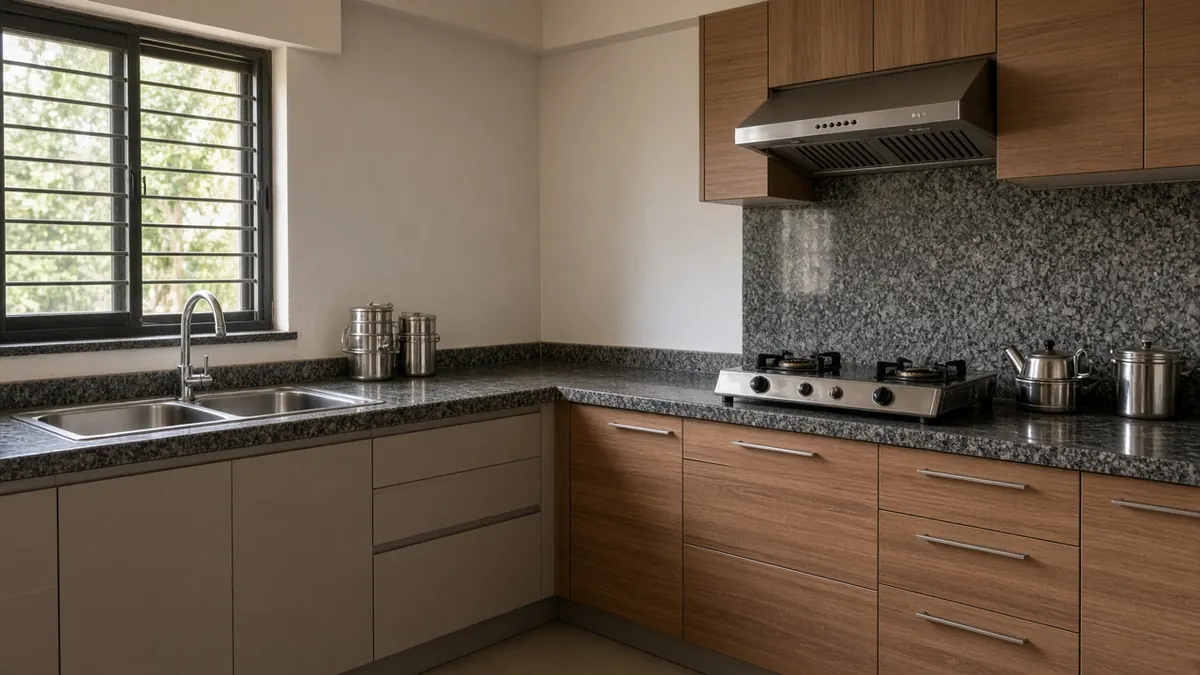 L-shaped kitchen with modular and carpenter-made cabinets in a Coimbatore apartment