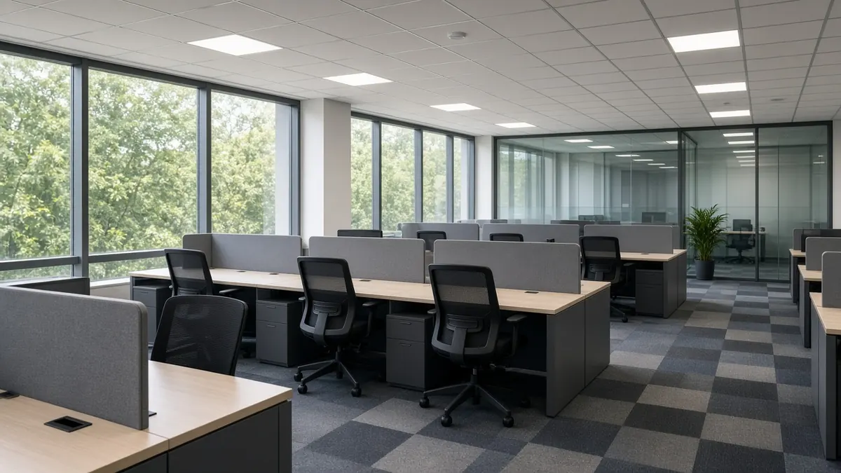 Newly fitted-out open office with workstations and glass cabin in Coimbatore