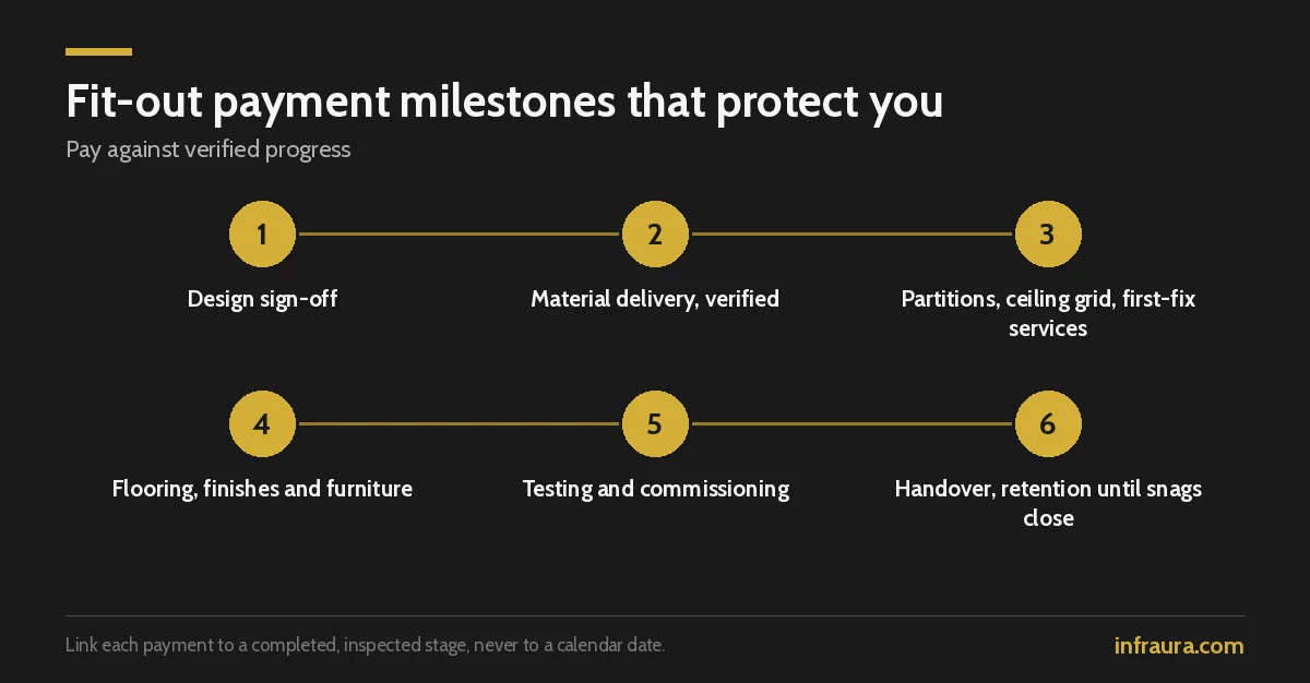 Office fit-out payment milestones Six office fit-out payment milestones from design sign-off to handover with retention