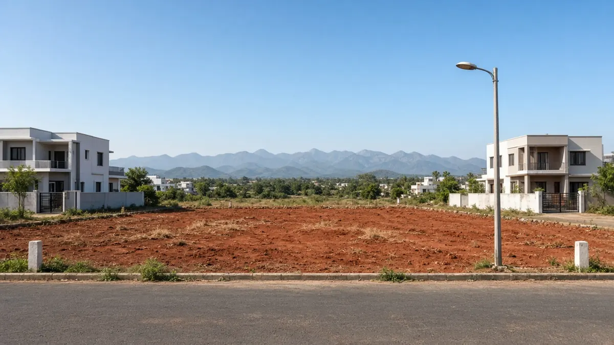 Empty residential plot in a Coimbatore layout with red soil, boundary stones, a paved layout road and new houses on neighbouring plots