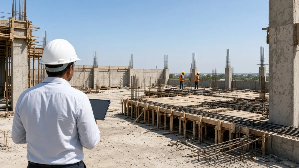 Project management consultant reviewing slab work at a Coimbatore house construction site