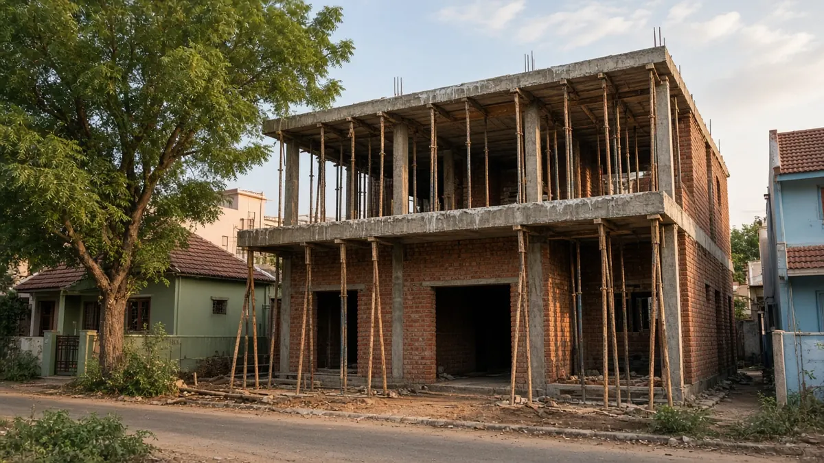 Two-storey house in Coimbatore with the first-floor slab recently cast, wooden props underneath and the ground floor brickwork complete, in evening light