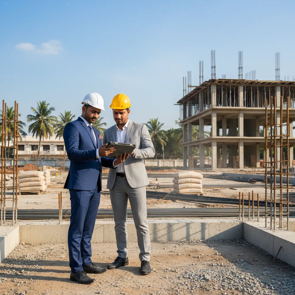 A professional photograph of a project manager in business attire on a clean construction site in Coimbatore, reviewing blueprints on a tablet with a client.