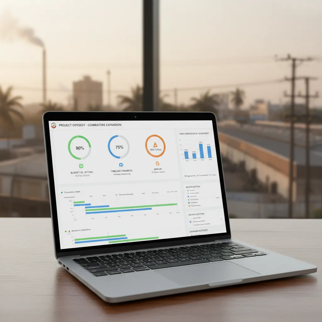 A crisp screenshot of a project management dashboard on a laptop, showing KPIs like 'Budget vs. Actual,' 'Timeline Progress,' and 'Risk Status.' The background is a blurred but recognizable Coimbatore industrial setting.