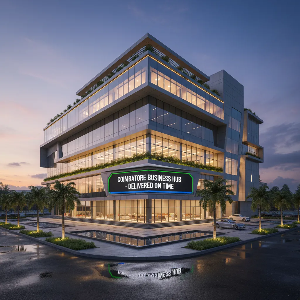 A high-quality photograph of a completed, modern commercial building in Coimbatore at dusk, showcasing quality and successful project delivery.