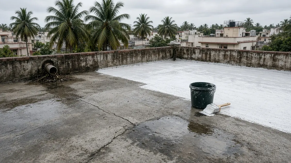 Cracked, wet RCC terrace in Coimbatore after rain, partly coated with white waterproofing, with a bucket and brush