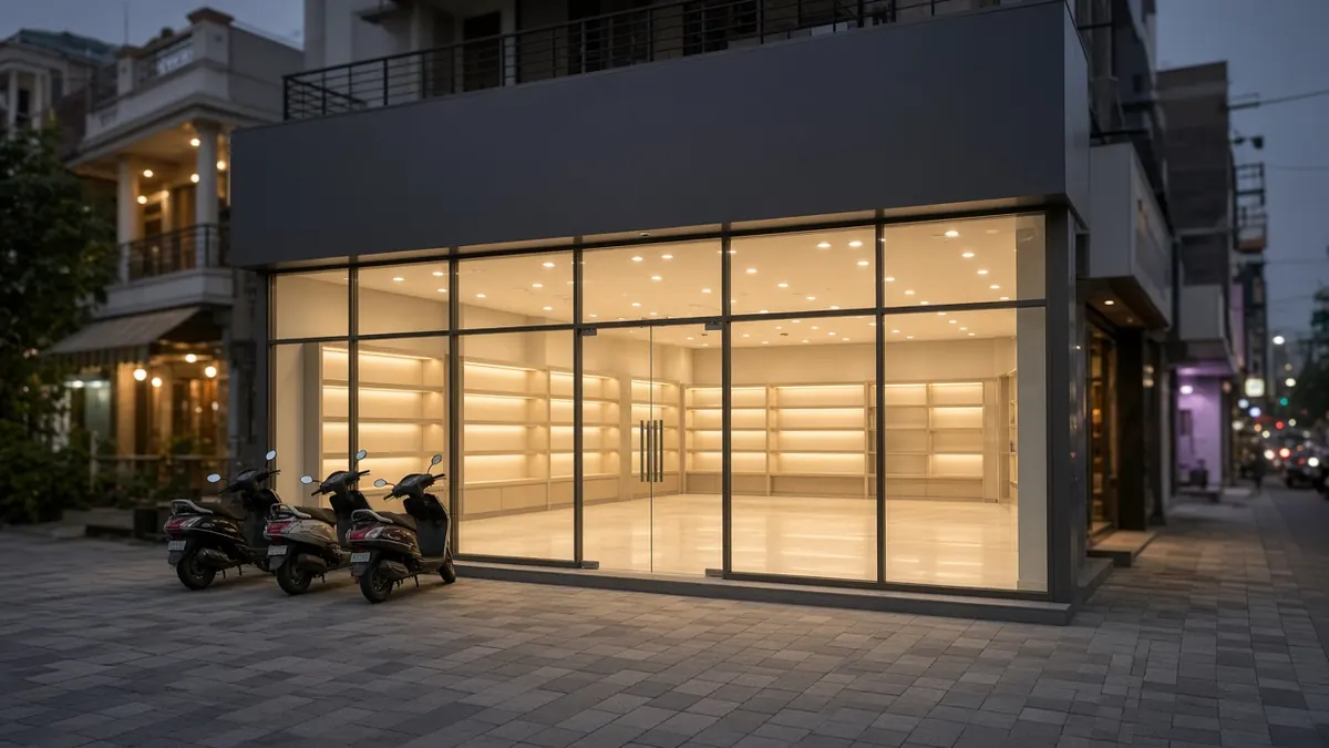 Newly built ground-floor retail showroom in Coimbatore with a full-height glass frontage, bright interior display lighting and an empty paved forecourt at dusk