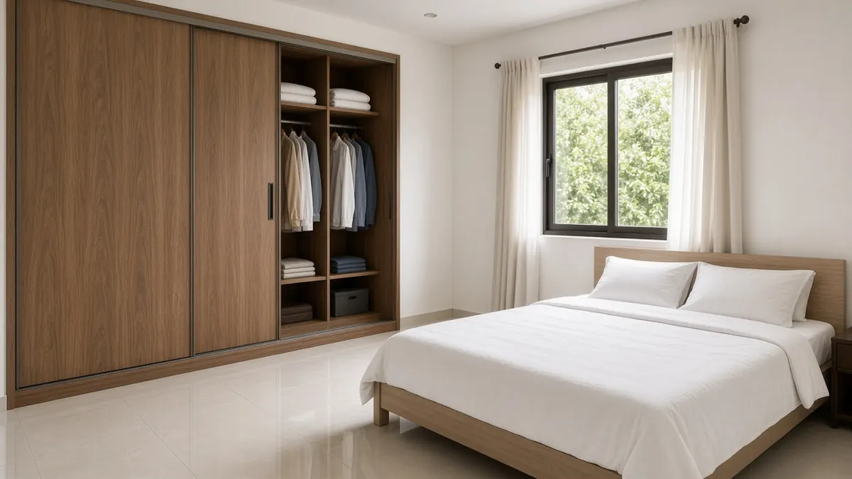 Bedroom in a Coimbatore home with a floor-to-ceiling sliding wardrobe in a wood-grain finish beside a bed and a window
