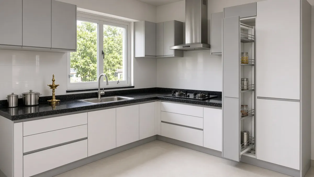 Compact L-shaped modular kitchen in a Coimbatore apartment with light grey cabinets, granite counter, chimney over a gas hob and tall pull-out storage