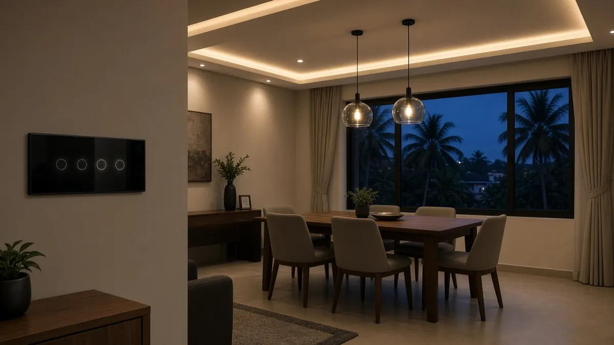 Evening living room in a Coimbatore home with warm dimmed cove lighting, pendant lights over a dining table and a glass smart touch switch panel on the wall