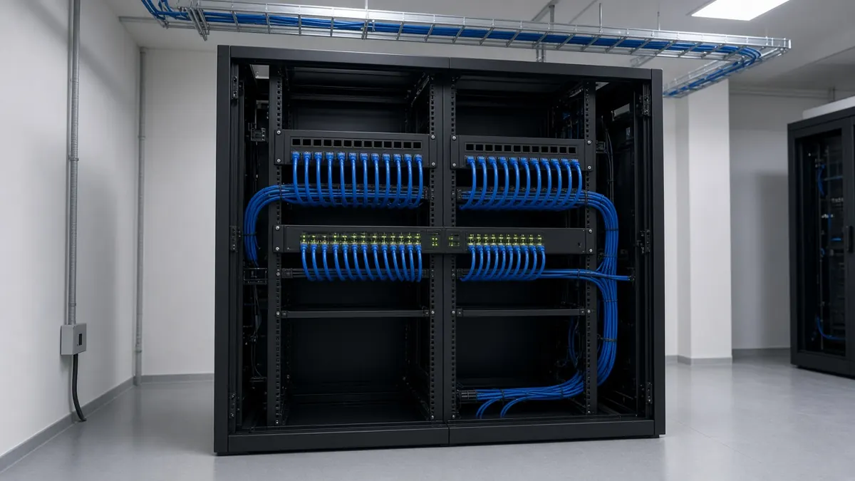 Network rack with neatly dressed Cat6 cabling in a new Coimbatore office