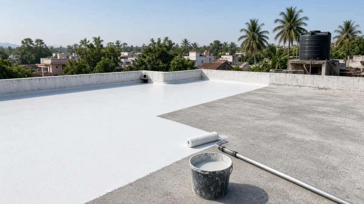 Flat concrete terrace of a Coimbatore house being coated with a white waterproofing layer, with a roller, primer bucket and a rainwater outlet at the parapet corner