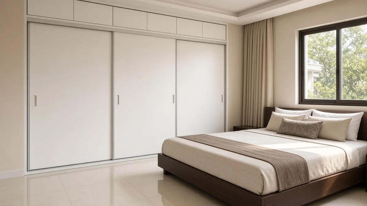 White UPVC sliding wardrobe with loft in a Coimbatore apartment bedroom