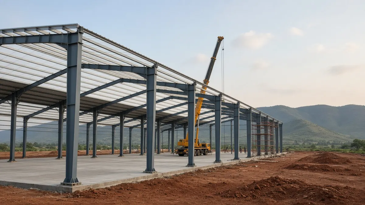 Pre-engineered steel warehouse under construction near Coimbatore with tall steel columns, rafters and a partly sheeted roof on a concrete floor